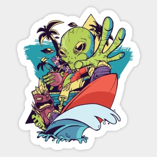 Surfing Alien on Island Vacation Sticker